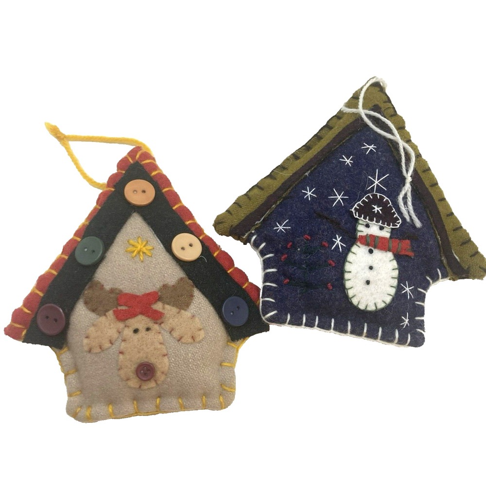 Set Of 2 Vtg Felt Tree Reindeer & Snowman Christmas Ornament  Hand Stitched 6"in